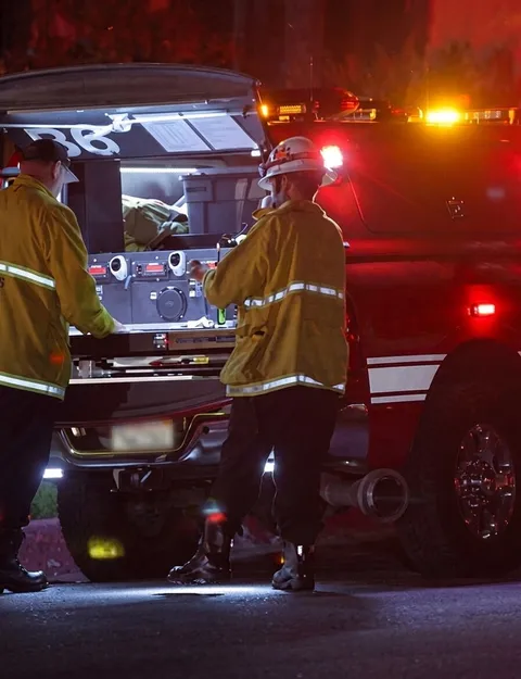 Firefighters working at the back of a battalion fire engine at night